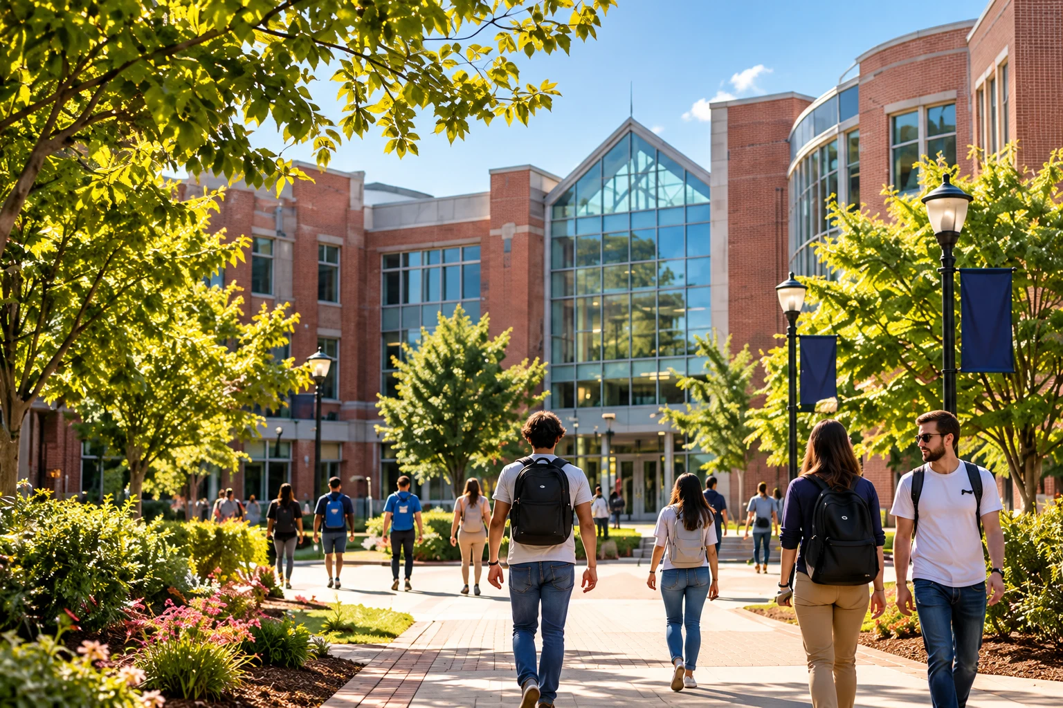 Illustrative AI-generated campus with students walking together.